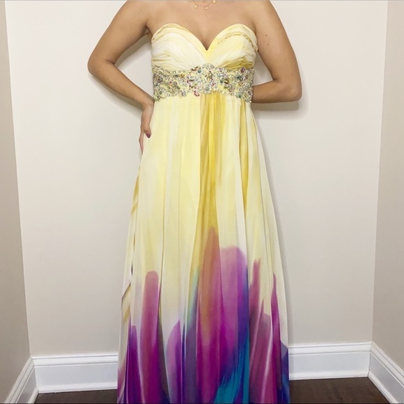 Camille La Vie Jeweled Embroidered Yellow Color Cascading Formal Dress Size 2 - Picture 4 of 9